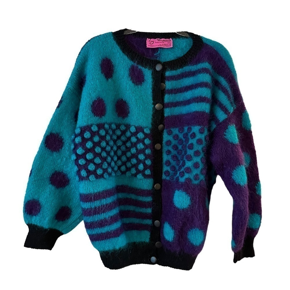 Liz Newman's Designer Knits Australia vintage mohair cardigan turquoise purple